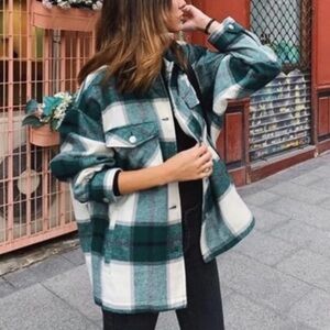 Zara Forest Green and Cream Plaid Shirt Jacket